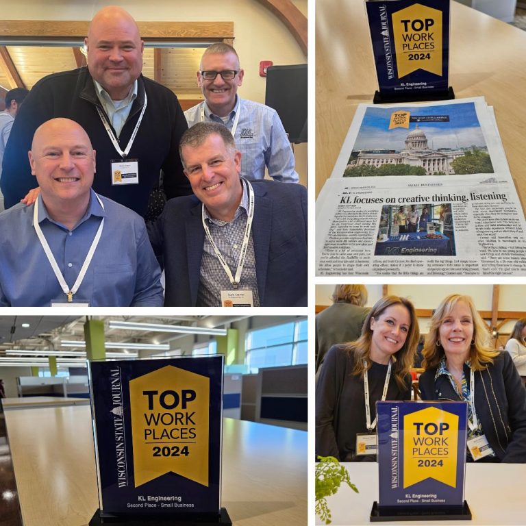 Photos from banquet including one with Aaron Steger, Mike Scarmon, Ryan Schanhofer, and Scott Cramer. And another with Karin Cretney and Shannon Jacobs. A photo of the award in our office along with the special newspaper section.