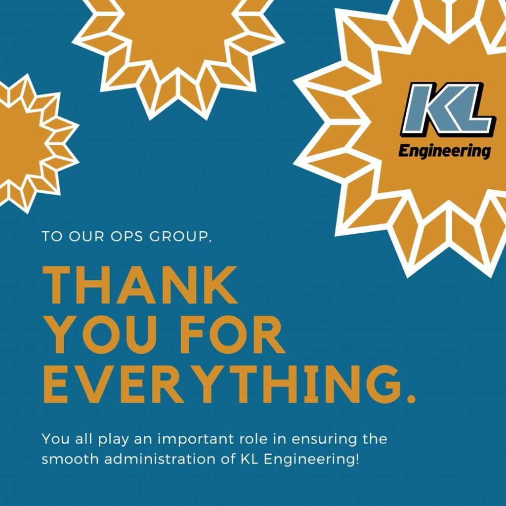 Blue background with golden geometric star shapes, one with KL logo in center. Text reads 'To Our Ops Group, Thank you for everything!"