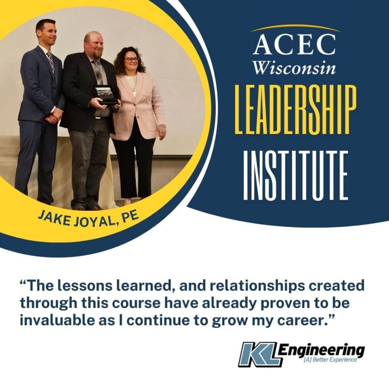 Graphic with photo of Jake Joyal in a circle with ACEC Leadership Institute in white and yellow letters, labeled with his name, the KL logo, and this quote from Jake: "The lessons learned, and relationships created through this course have already proven to be invaluable as I continue to grow my career.”