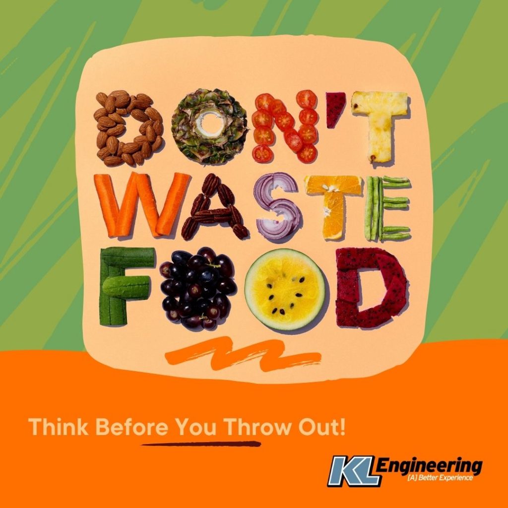 Graphic with 'Don't waste food' spelled out with photos of fruit forming the letters on green back ground with orange at the bottom and 'Think before your throw out!' message with KL logo.