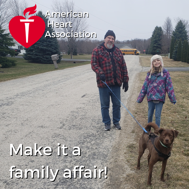 Graphic of KL employee Scott DeMeuse and his daughter and dog out on a walk. 'Make it a family affair!' text and American Heart Association logo.