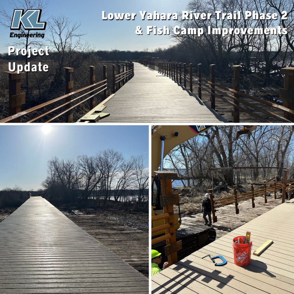 Graphic of photos from the project with the boardwalk in place and the railing being added.