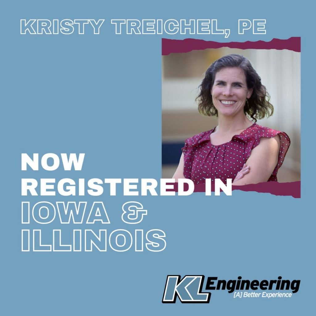Photo of Kristy Treichel on blue background with her name and 'Now Registered in Iowa & Illinois' in white letters, along with KL logo.