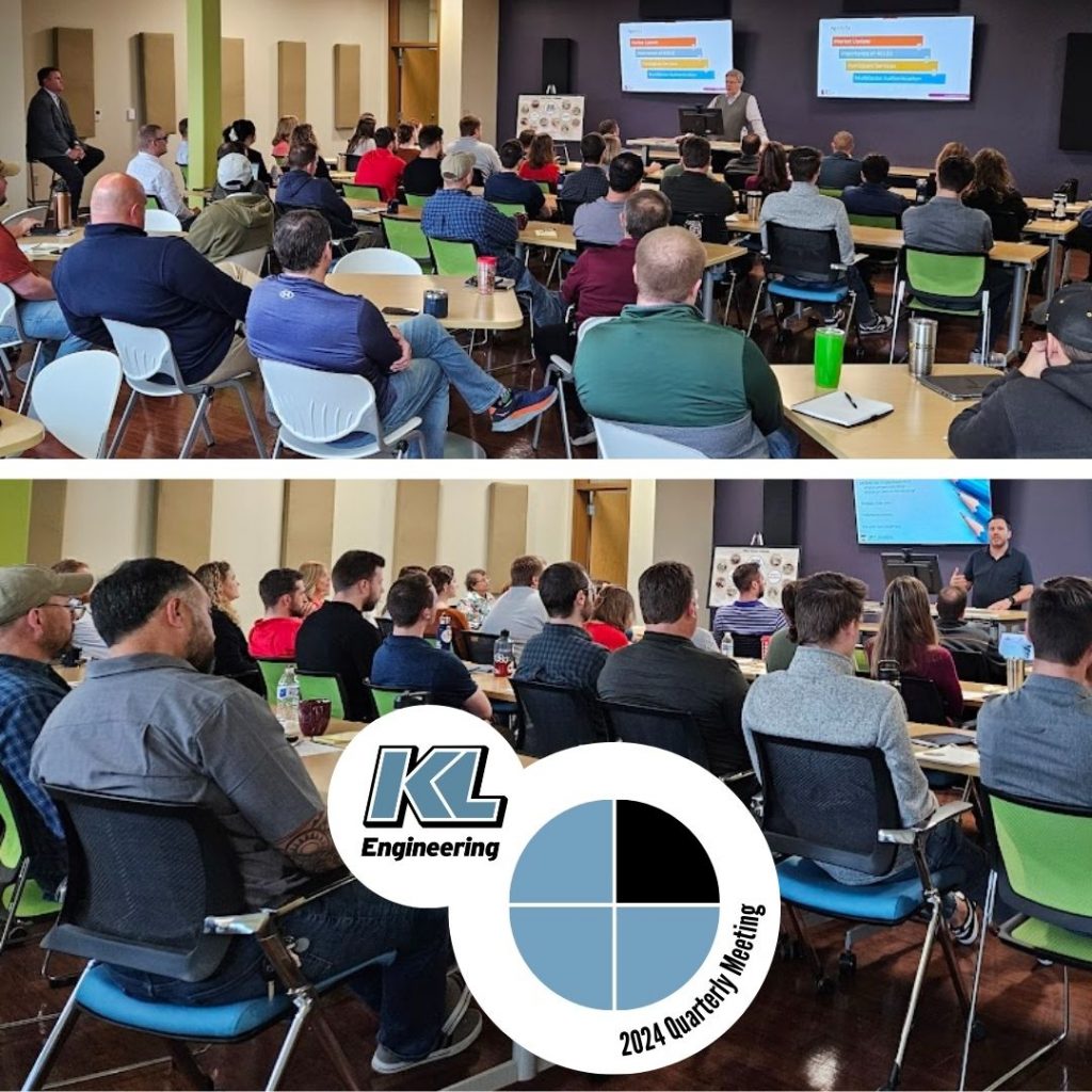 Photos of the meeting with both sets of speakers presenting with KL logo and Quarterly Meeting graphic.