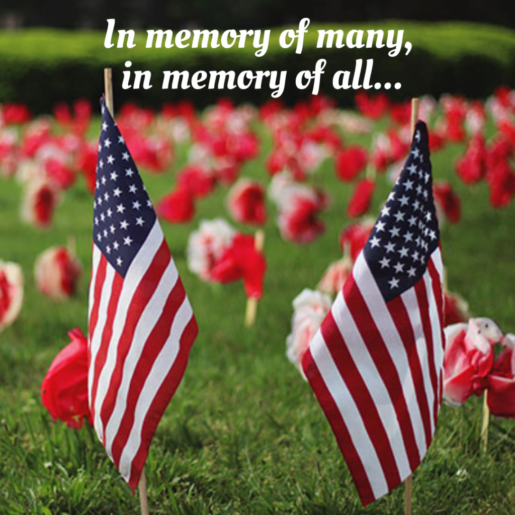 Photo of American flags and a field of red poppies with 'In memory of many, in memory of all...' in white text at the top.
