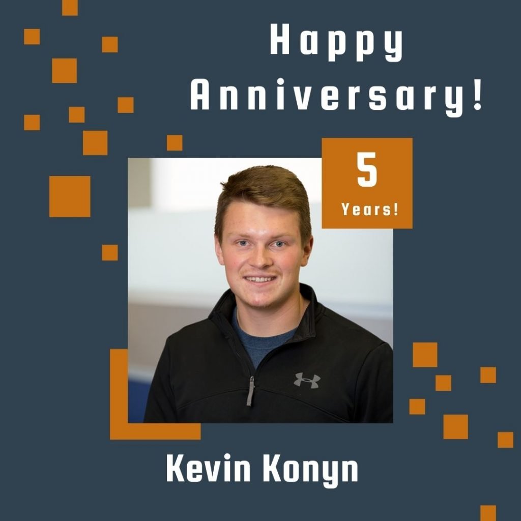 Photo of employee framed by a navy background with orange scattered boxes and Happy Anniversary text.