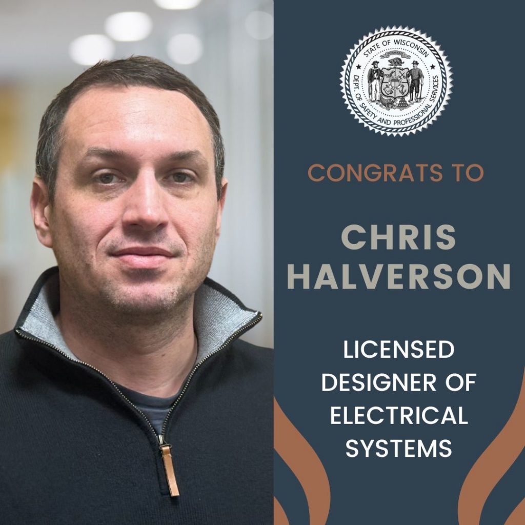 Photo of Chris Halverson with navy box showing Wisconsin seal of Department of Safety and Professional Services, congratulations text along with Chris' name and license title.