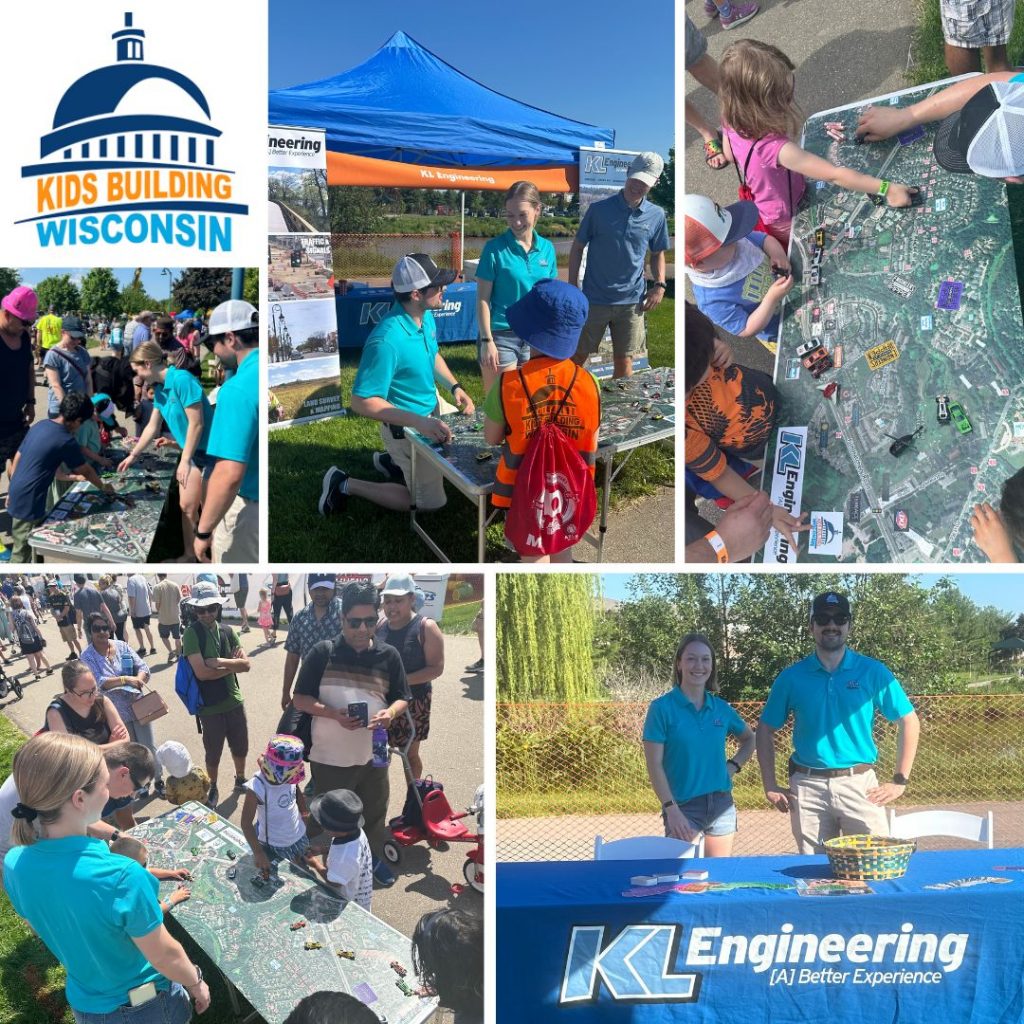 Collage of photos from the event showing KL staff helping young kids drive match box cars around an aerial map of the Fitchburg area.