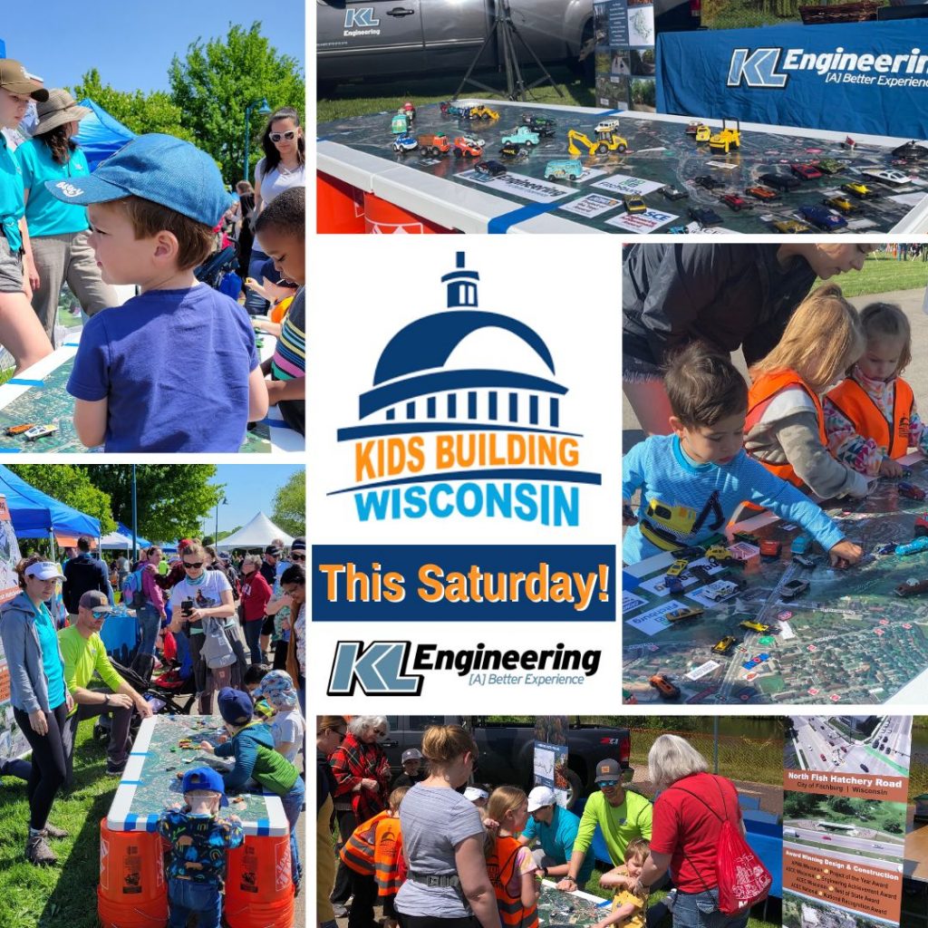 Photos from last year's KBW event showing little kids playing with matchbox cars on an aerial photo of the Fitchburg area at the KL booth.