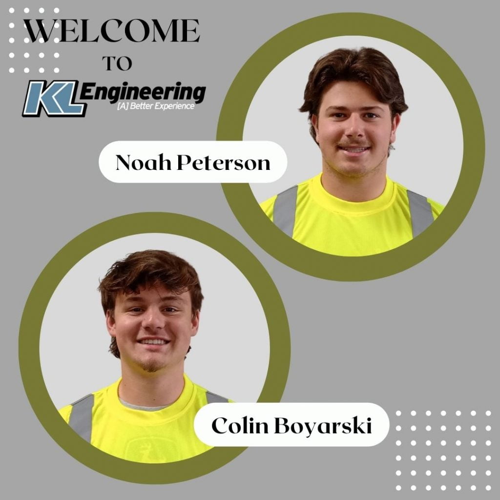 Circular photos of Noah and Colin with yellow border on gray background with 'Welcome to KL Engineering' with KL logo.