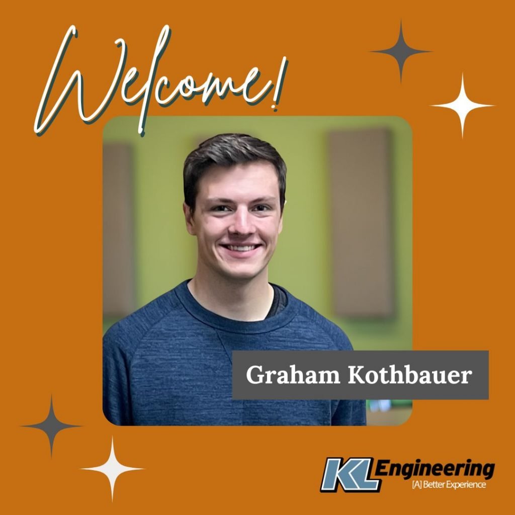 Photo of Graham with KL logo, Welcome text, and star design on orange background.