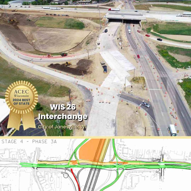 Photo of the DDI under construction at the top and a rendering of the project color coded with the different construction stages on bottom.