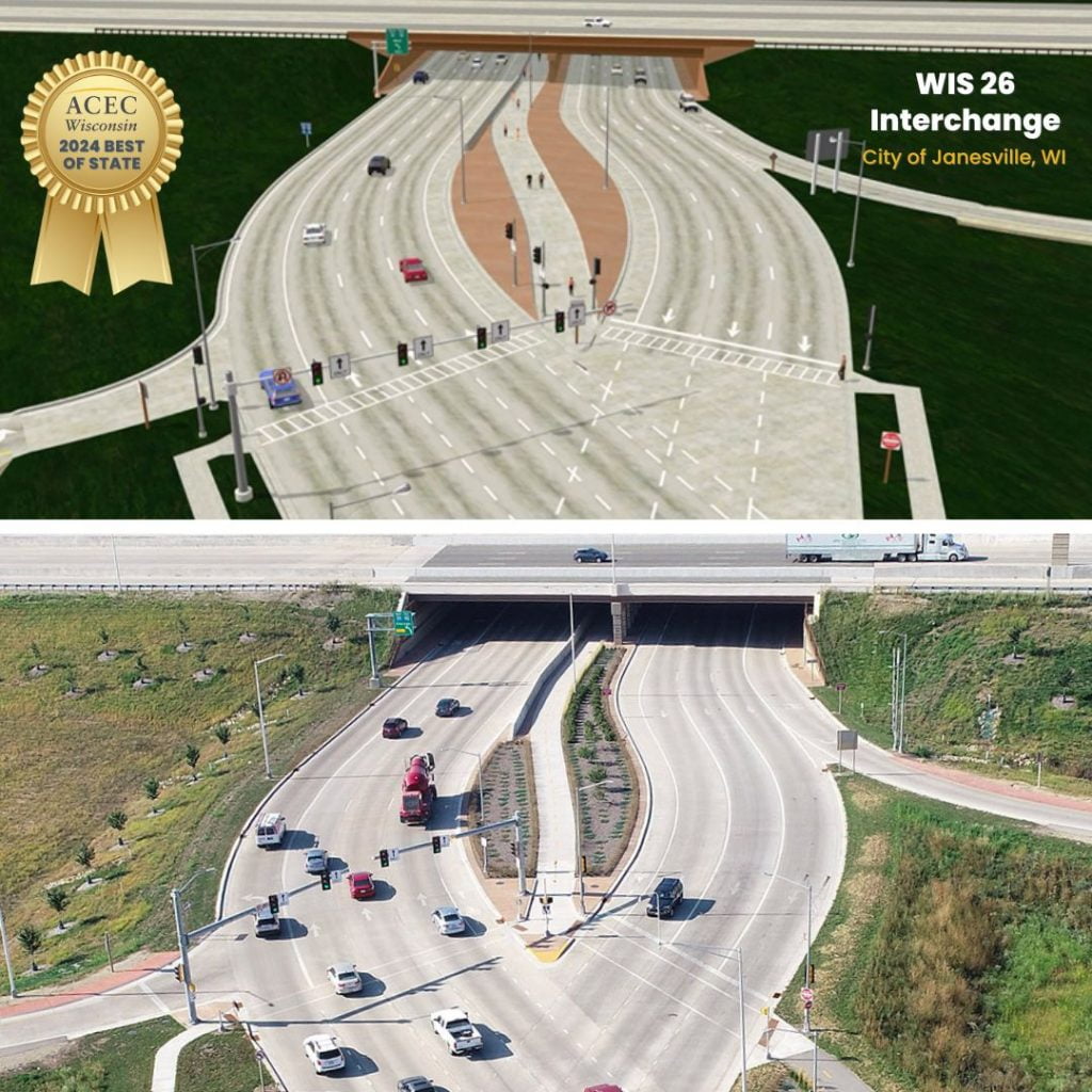 Graphic with a rendering of the Diverging Diamond Interchange (DDI) on the top and photo of the final constructed DDI on the bottom, with WIS 26 Interchange, City of Janesville, WI title and award ribbon showing ACEC Wisconsin 2024 Best of State.