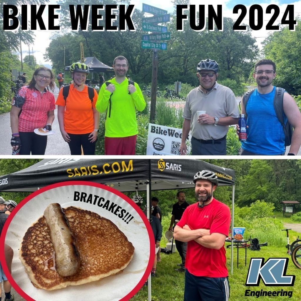Photos of KL staff at the Velo UnderRound on the bike path getting bratcakes.