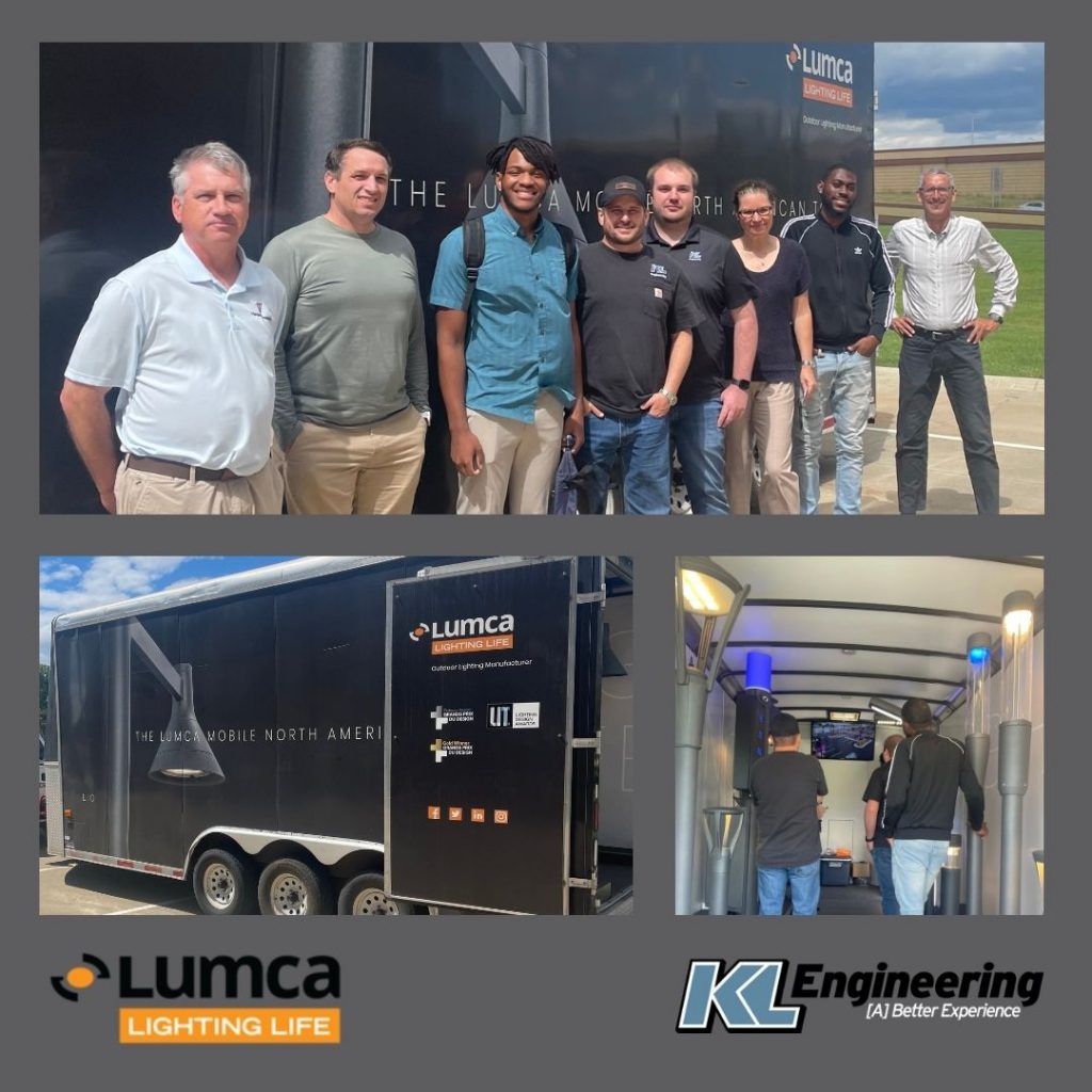 Photos from visit of the trailer showcasing lighting products inside, our staff and our visitors posed in front of the trailer, and the outside of the trailer with Lumca and KL logos on a dark gray background.