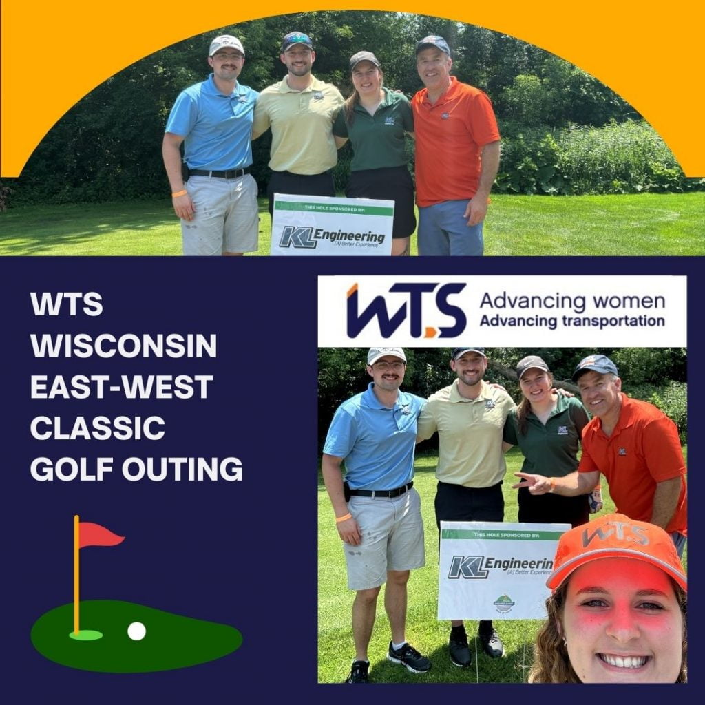 Graphic includes two photos, one with all of the people mentioned in the post and another that includes Jamie in the frame as well. There is also a small golf hole and flag, with text that says "WTS Wisconsin East-West Classic Golf Outing."