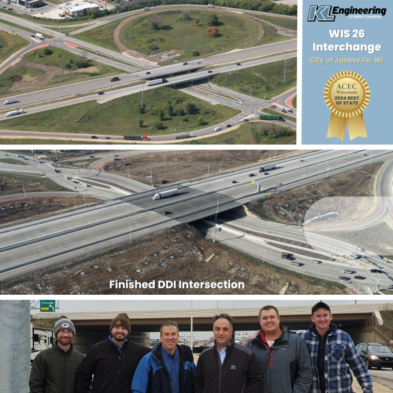 Graphic with 3 photos - an aerial of the interchange area before the project on top, an aerial of the finished interchange in the middle, and a photo of 6 members of the design team on the bottom, standing in the pedestrian section of the finished interchange.