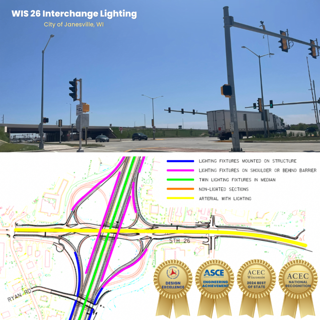 Photo of the finished intersection on top and an overview rendering of the project color coded with the type of lighting designed for each segment of the project, along with 4 award ribbons labeled with the 4 awards mentioned in the post.