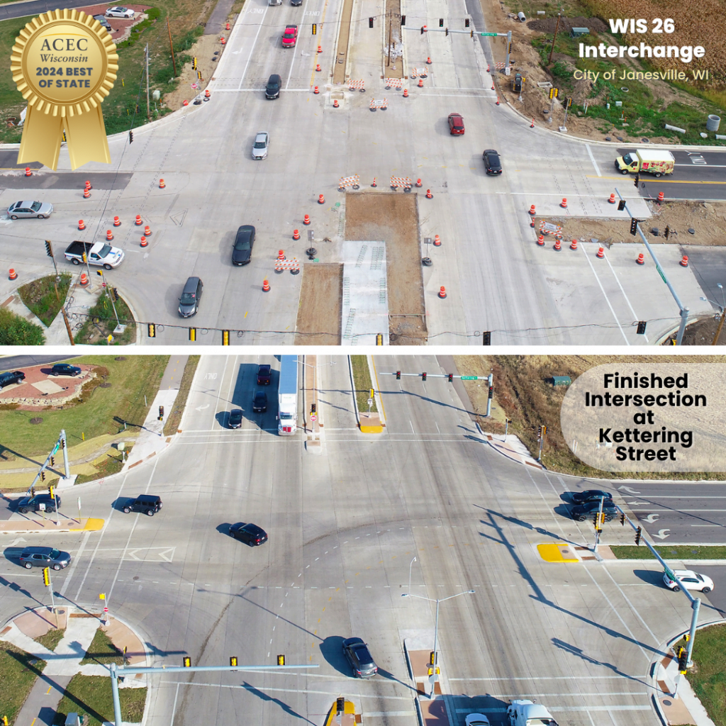 Two photos of the same intersection at Kettering Street and WIS 26. Top photo is during construction and shows barrels and temporary traffic signals strung across the roads. The bottom photo shows the finished intersection with permanent traffic signals in place.