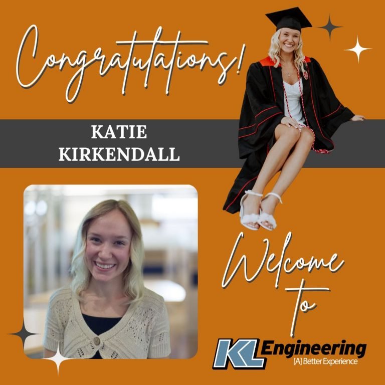 Photo of Katie in her cap and gown at top and photo at KL on the bottom with KL logo, Congratulations and Welcome text, and star design on orange background.