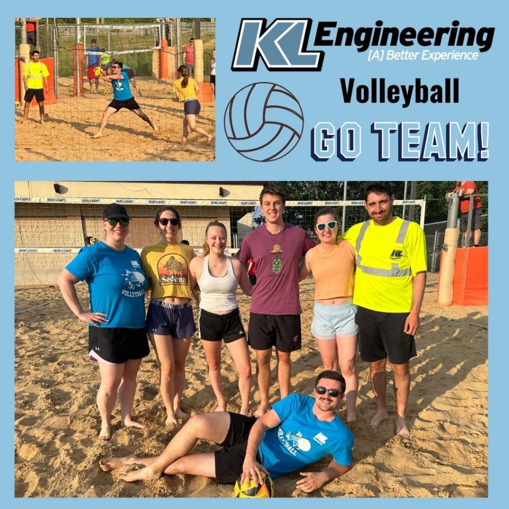 Graphic with two photos of the volleyball team, one posed and one in action on a blue background.