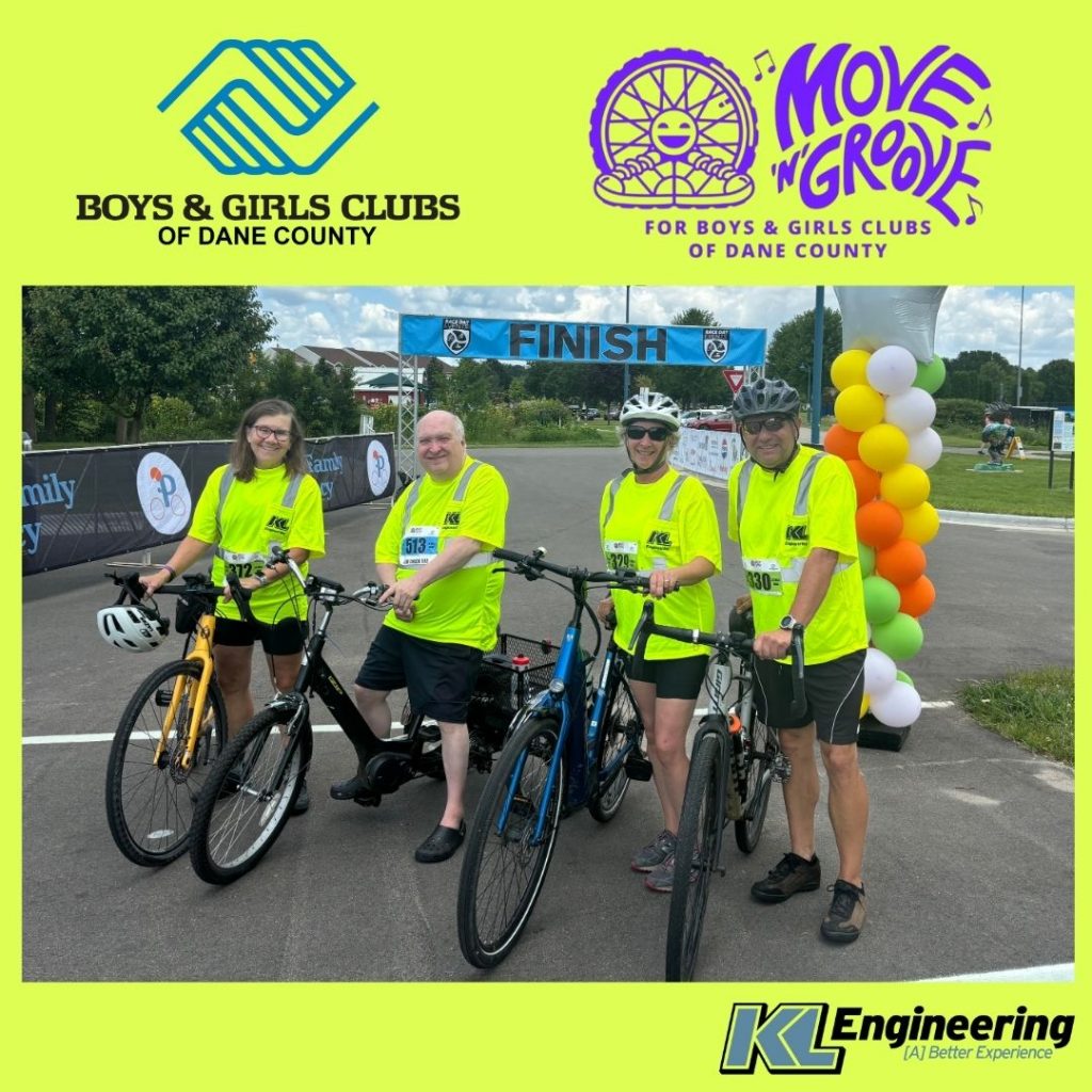 Bright yellow background with Boys and Girls Club of Dane County logo and Move N Groove logo at the top, a photo of 4 bikers wearing neon yellow KL shirts at the finish line, and KL logo at the bottom.
