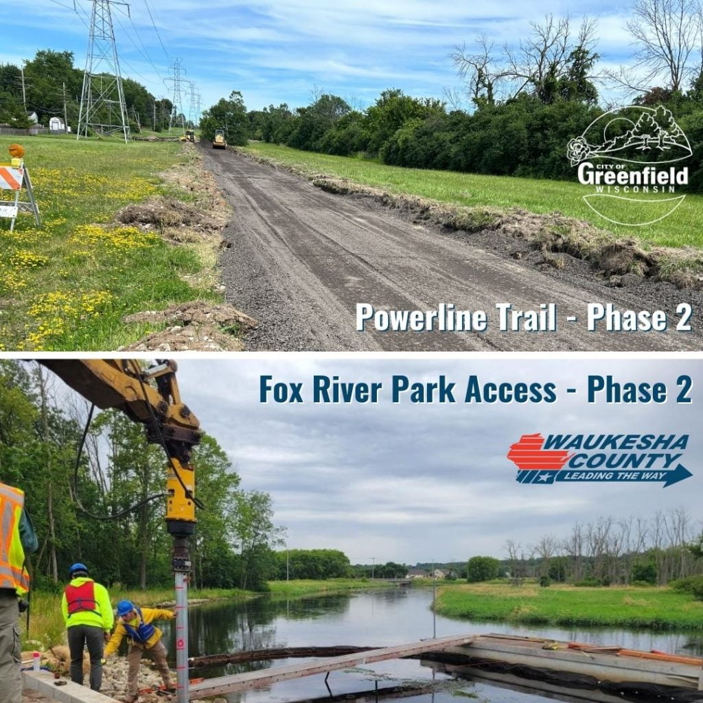 Photos of the construction grading for the Powerline Trail path and of construction equipment assisting workers around the water for the fishing pier construction for the Fox River. Project names and community logos over lay the photos.