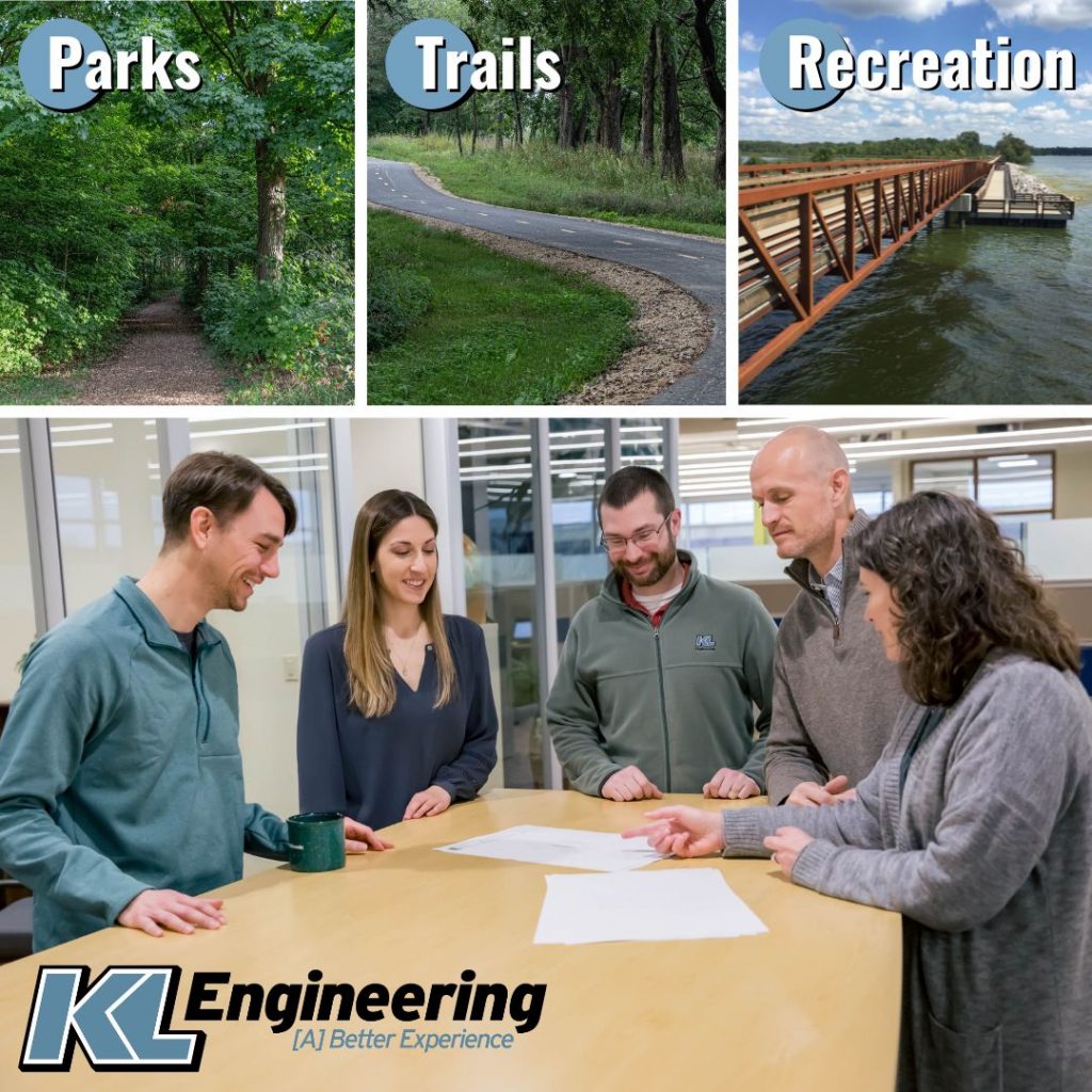 Graphic of a wooded trail, a paved path in a park, a boardwalk over a body of water, and a photo of 5 KL staff working together on a document at a table with the words Parks, Trails & Recreation overlaying the photos.