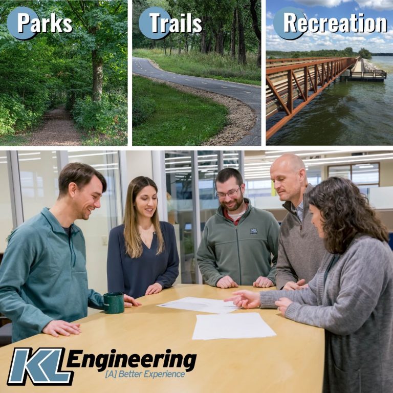 Graphic of a wooded trail, a paved path in a park, a boardwalk over a body of water, and a photo of 5 KL staff working together on a document at a table with the words Parks, Trails & Recreation overlaying the photos.