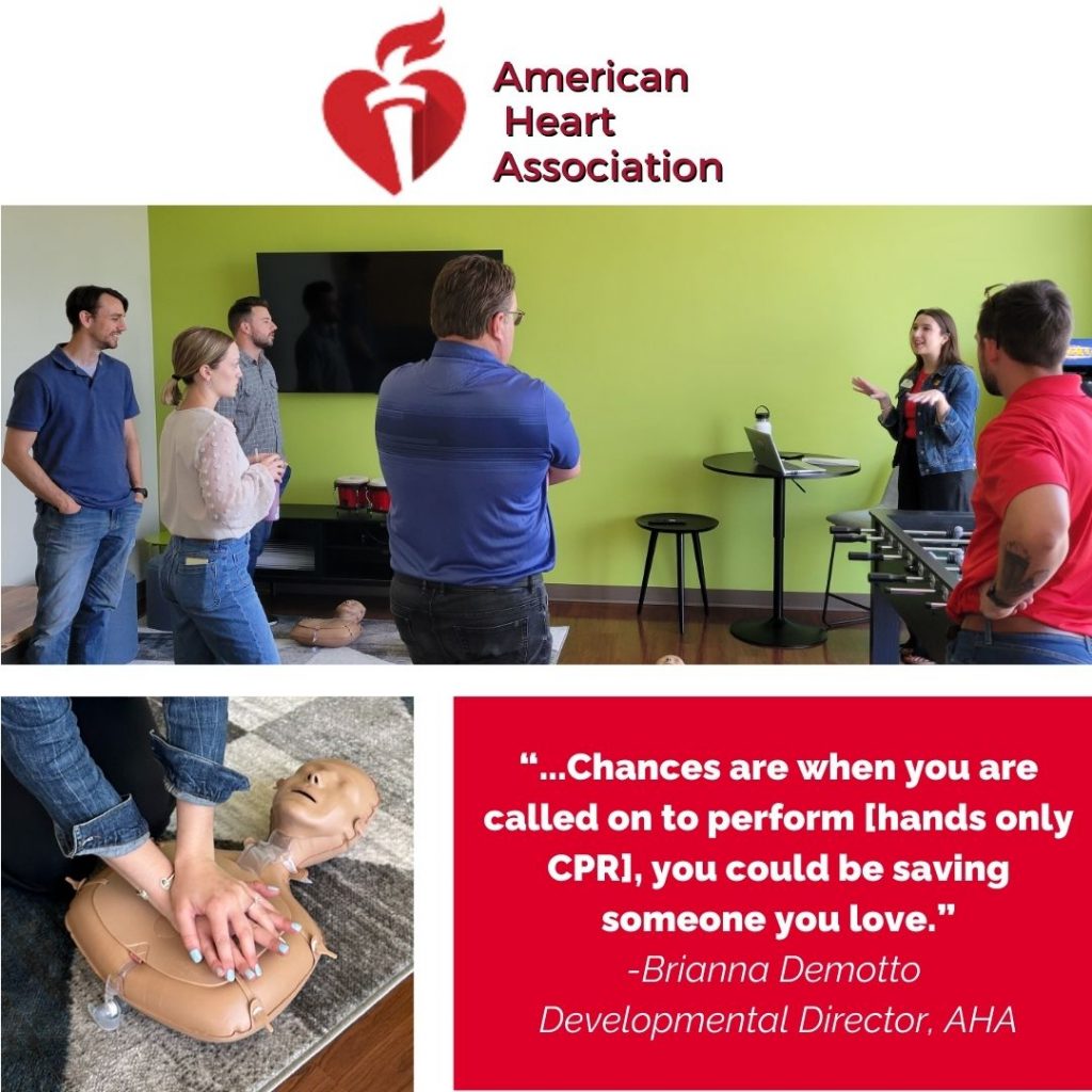Graphic includes two images, one with Demotto in the front of small group giving a presentation, and another of hands giving a mannequin chest compressions.