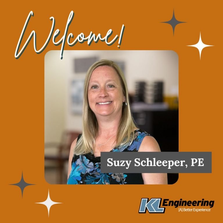 Photo of Suzy Schleeper, PE, with KL logo, Welcome text, and star design on orange background.