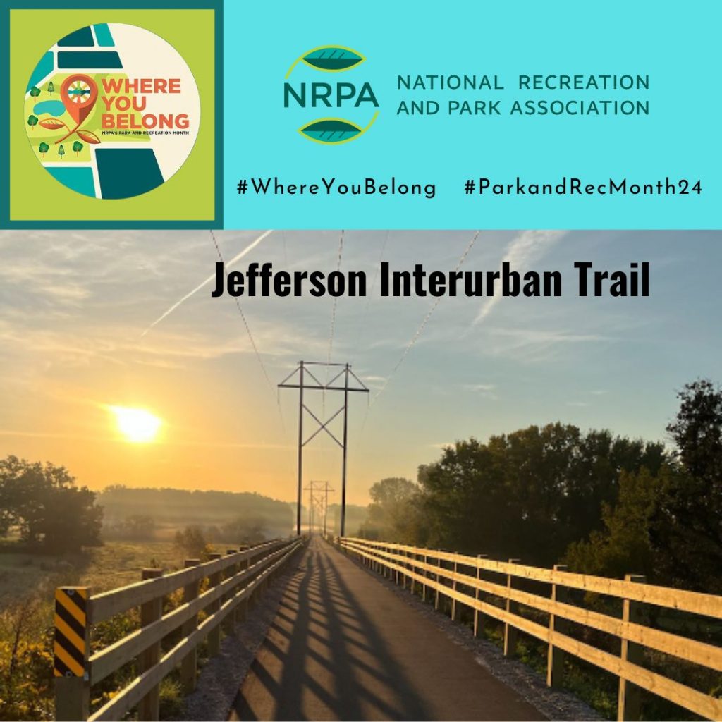 Graphic includes an image of a bridge with the sun in the background, as well as the icon for national park and recreation month with the hashtags "#whereyoubelong, #ParkandRecMonth24"