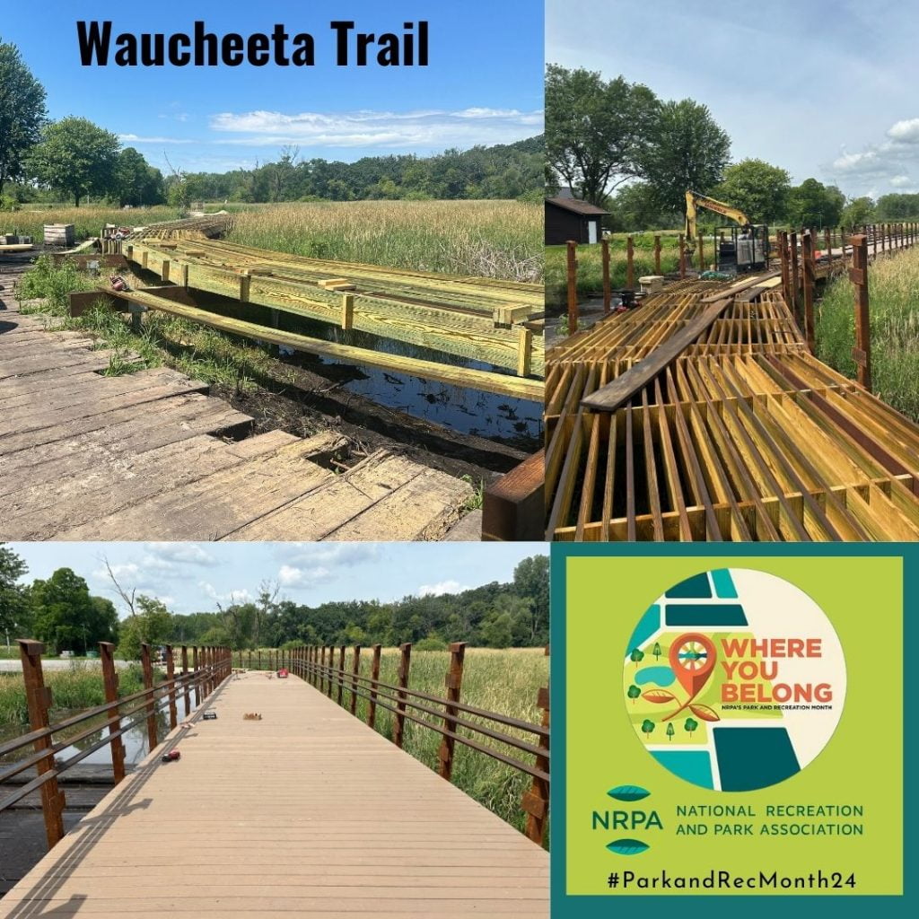 Graphic includes three in progress pictures of the Waucheeta Trail Project, ang the National Park and Recreation Month logo with the hashtags associated with the month.
