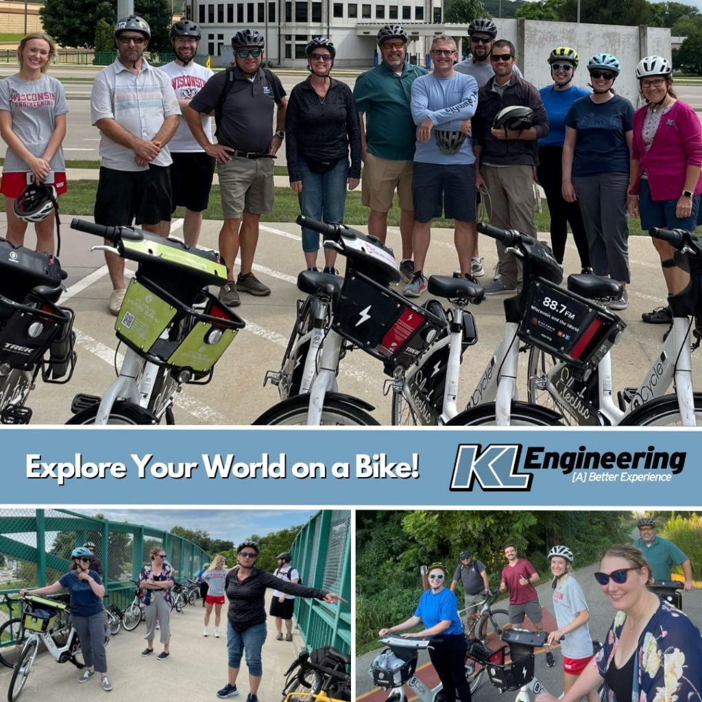 Collage of photos from the biking event, showing the group posed with bikes, at the Velo UnderRound, on a bridge overlooking Fish Hatchery Road, and a video of them riding down the path.