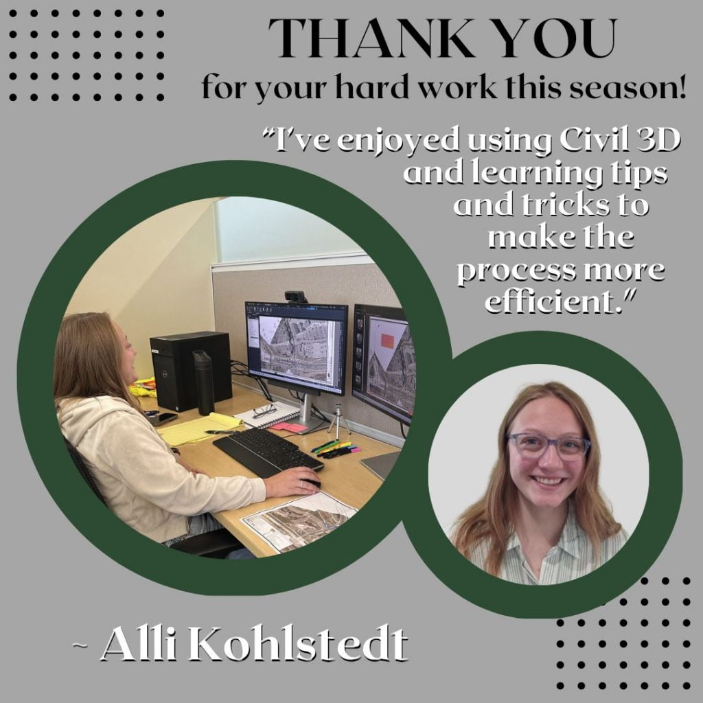 Graphic with a circular photo in green frame of Alli working at her computer and also a headshot of her smiling, on a gray background with 'Thank you for your hard work this season' text and part of her quote from the post in white lettering.