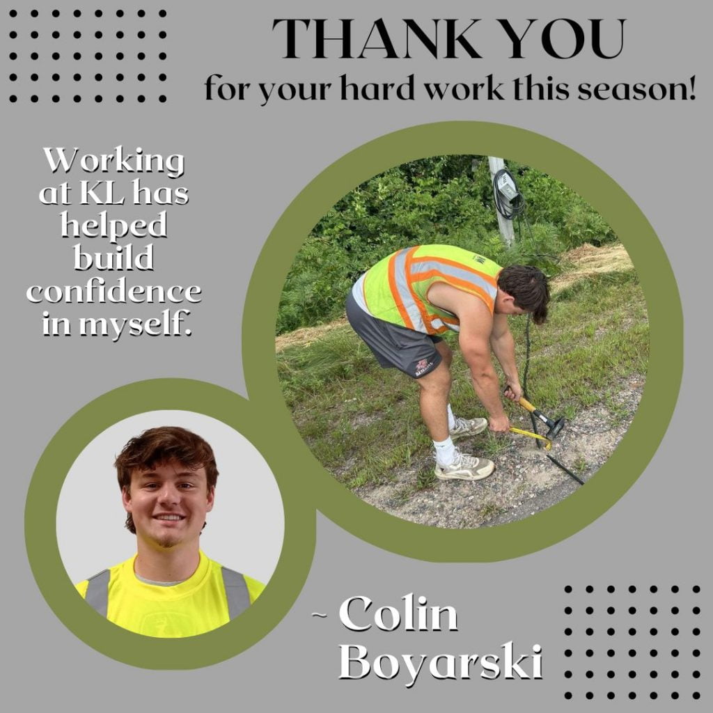 Graphic with Colin's photos - one posing for the camera and one at work in the field, securing a traffic counting tube by the roadside - on a gray background with 'Thank you for your hard work this season' text and part of his quote from the post in white lettering.