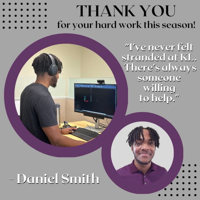 Graphic with a circular photo in purple frame of Daniel working at his desk looking at the computer and a smaller photo of him posed and smiling, on a gray background with 'Thank you for your hard work this season' text and part of his quote from the post in white lettering.