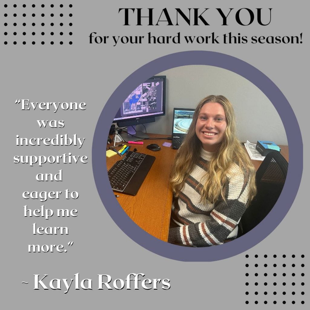 Graphic with a circular photo in purple frame of Kayla working at her desk smiling, on a gray background with 'Thank you for your hard work this season' text and part of her quote from the post in white lettering.