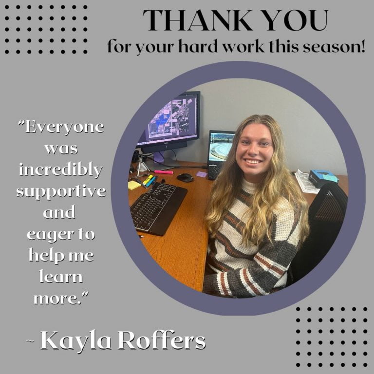 Graphic with a circular photo in purple frame of Kayla working at her desk smiling, on a gray background with 'Thank you for your hard work this season' text and part of her quote from the post in white lettering.