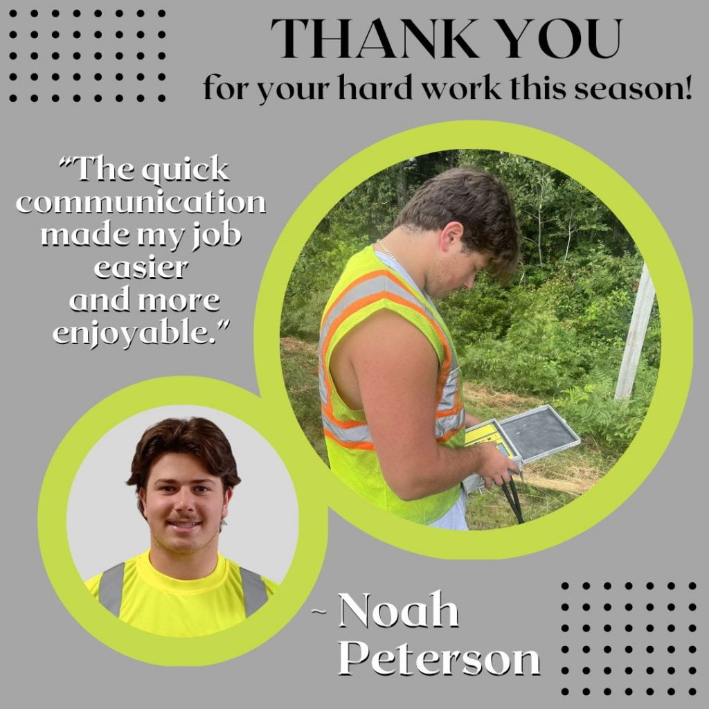 Graphic with Noah's photos - one posing for the camera and one at work in the field, capturing traffic data - on a gray background with 'Thank you for your hard work this season' text and part of his quote from the post in white lettering.