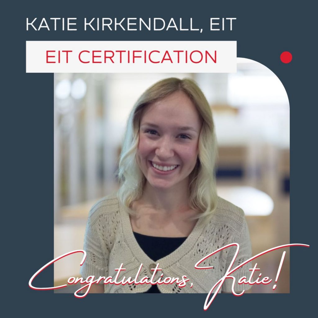 Navy background with Katie’s photo, name with EIT credentials, and congratulations statement.
