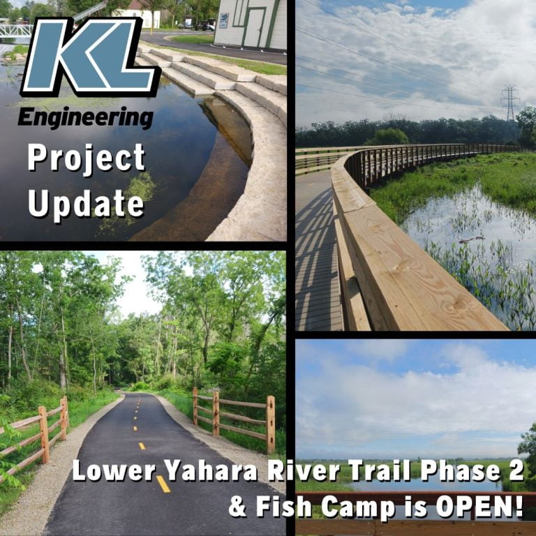 Photos of the finished project showing a paved trail, beautiful boardwalk, and boat launch.
