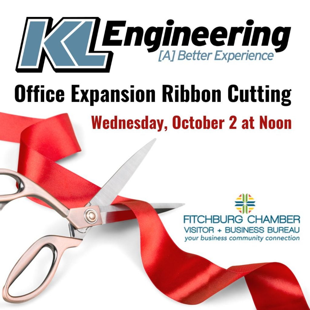 KL and Fitchburg Chamber logos with event title and date and time with a photo of scissors cutting a red ribbon.