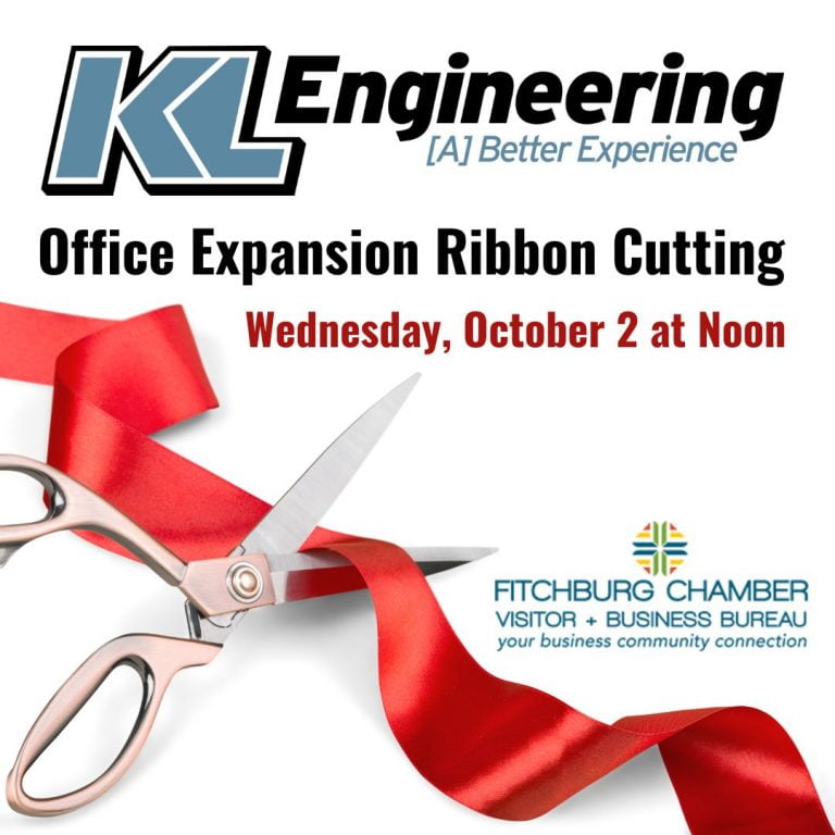 KL and Fitchburg Chamber logos with event title and date and time with a photo of scissors cutting a red ribbon.
