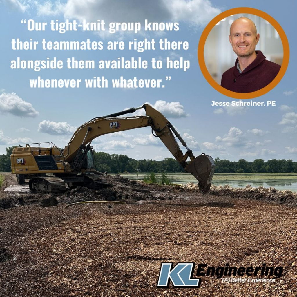 Image of an excavator scooping up a lightweight fill material near a pond with Jesse's photo, KL's logo, and part of his quote as mentioned in the post.