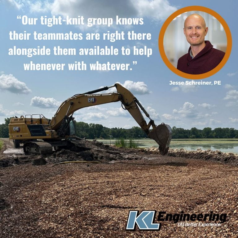 Image of an excavator scooping up a lightweight fill material near a pond with Jesse's photo, KL's logo, and part of his quote as mentioned in the post.