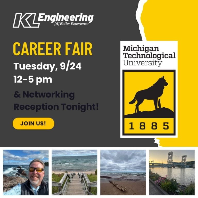 Career Fair details in dark gray and yellow with MTU logo and 4 photos of Chad and some of his favorite spots.