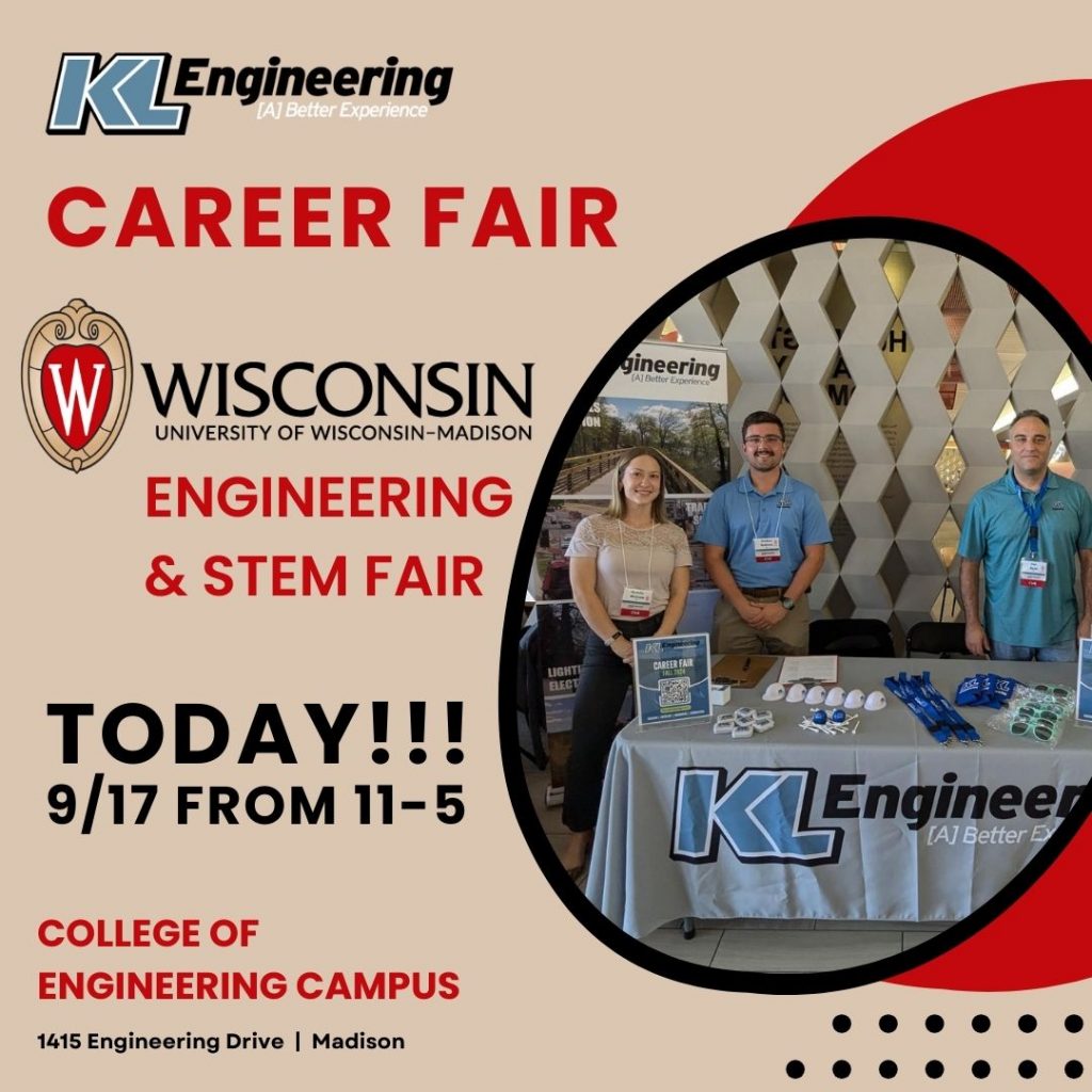 Graphic with UW & KL logos and details from the post on a beige background with photo of the people mentioned in the post standing at our booth.