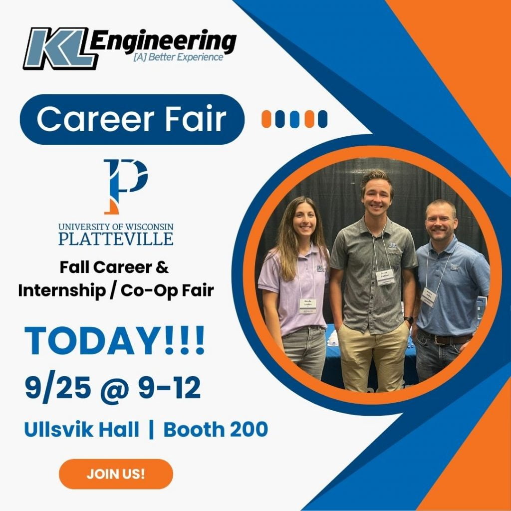 Graphic with photo of staff and career fair details shared in post with an orange and shades of blue design showcasing the school's logo.