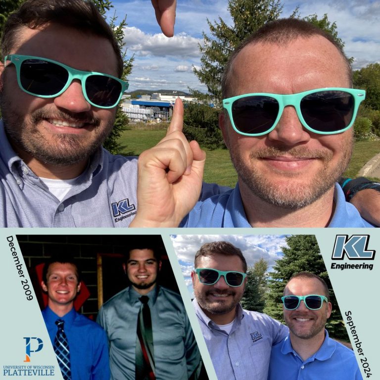 Graphic of photo of Matt and Joshua pointing to the UW-Platteville 'M' (for Miners) on the hillside in the distance, along with a photo of them posing present day and one from their Senior Design Group back in December 2009. KL and UW-Platteville logos.